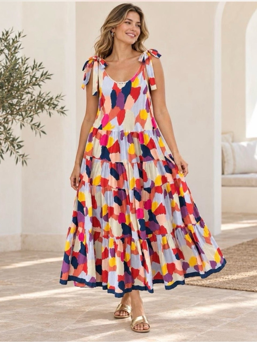THML Multicolor Abstract V-Neck Sleeveless Rayon Maxi Dress Sz Medium
